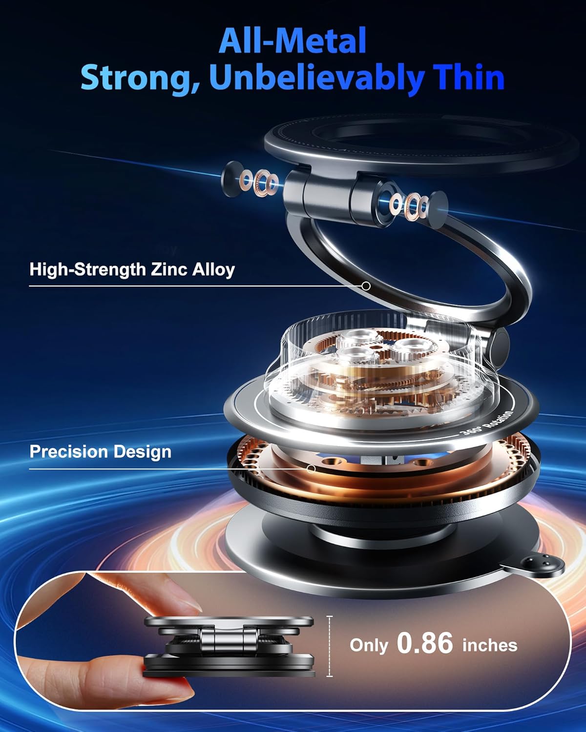 Ultra-Thin Vacuum Gel Magnetic Phone Holder for Car, [95LBS Max Suction] 360° Adjustable [All Zinc-Alloy] Cell Phone Car Mount for MagSafe, Fit for iPhone 17 Pro Max/16/15/14/13/12 & Android