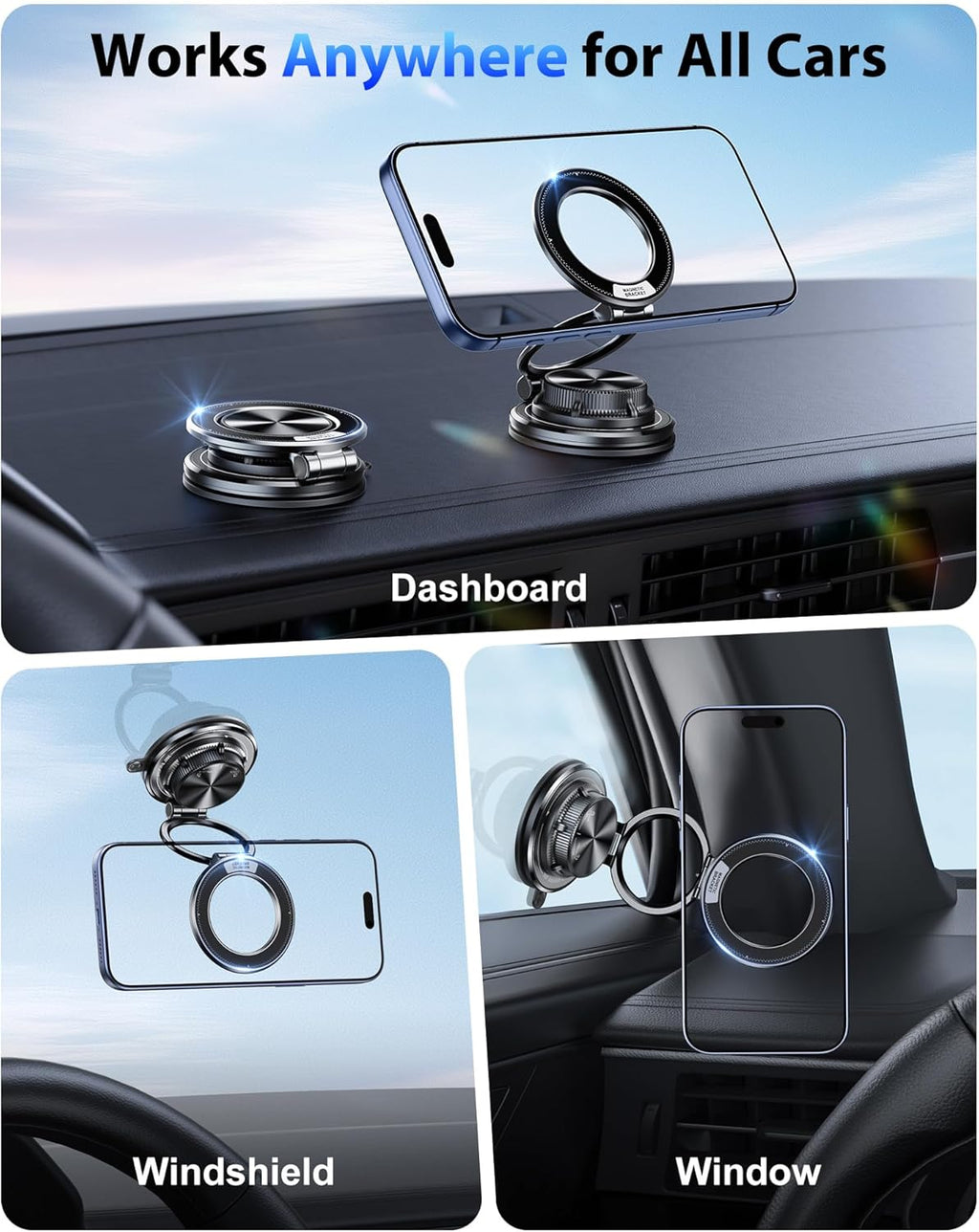 Ultra-Thin Vacuum Gel Magnetic Phone Holder for Car, [95LBS Max Suction] 360° Adjustable [All Zinc-Alloy] Cell Phone Car Mount for MagSafe, Fit for iPhone 17 Pro Max/16/15/14/13/12 & Android