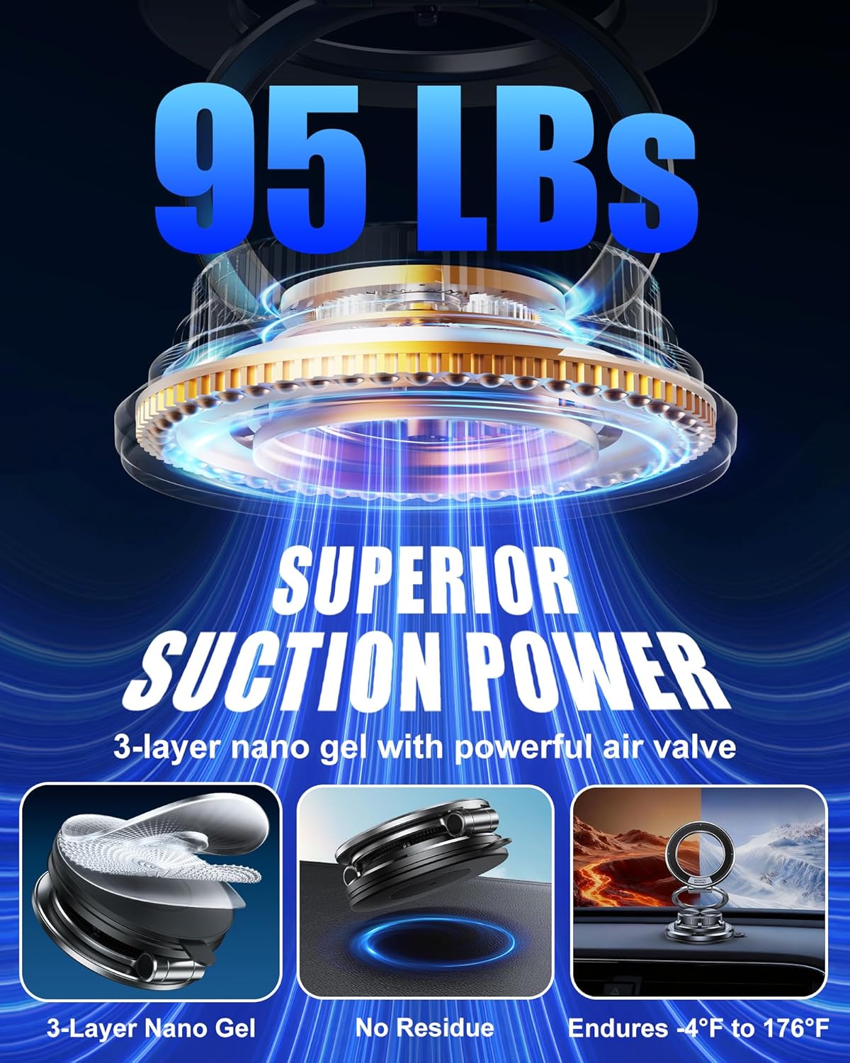 Ultra-Thin Vacuum Gel Magnetic Phone Holder for Car, [95LBS Max Suction] 360° Adjustable [All Zinc-Alloy] Cell Phone Car Mount for MagSafe, Fit for iPhone 17 Pro Max/16/15/14/13/12 & Android