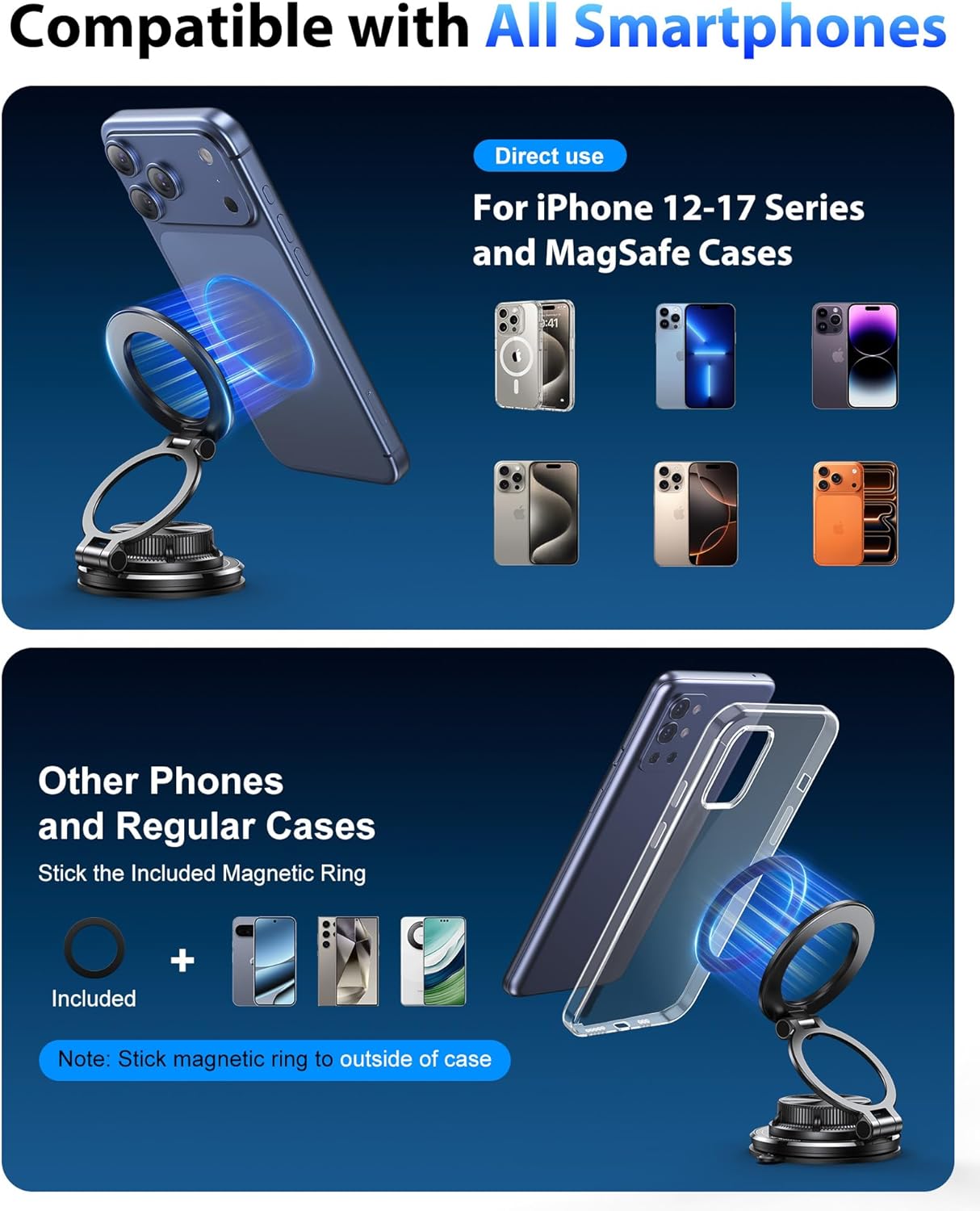 Ultra-Thin Vacuum Gel Magnetic Phone Holder for Car, [95LBS Max Suction] 360° Adjustable [All Zinc-Alloy] Cell Phone Car Mount for MagSafe, Fit for iPhone 17 Pro Max/16/15/14/13/12 & Android